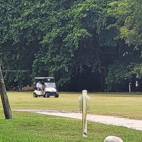 Golf cart on a grassy area with trees in the background.