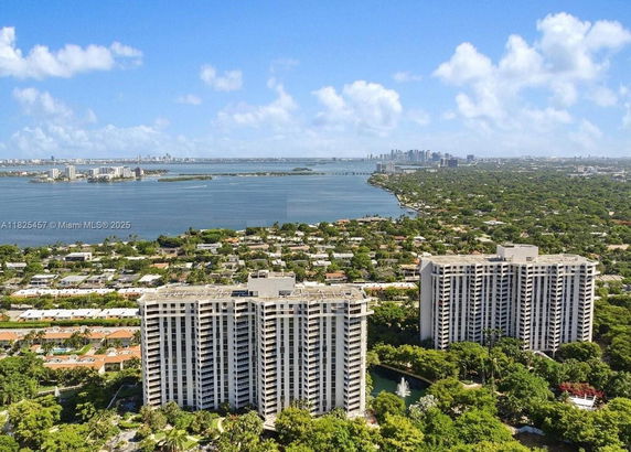 Panoramic view of a cityscape with high-rise buildings and waterfront.