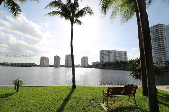 View of a waterfront with high-rise buildings in the background and palm trees in the foreground.