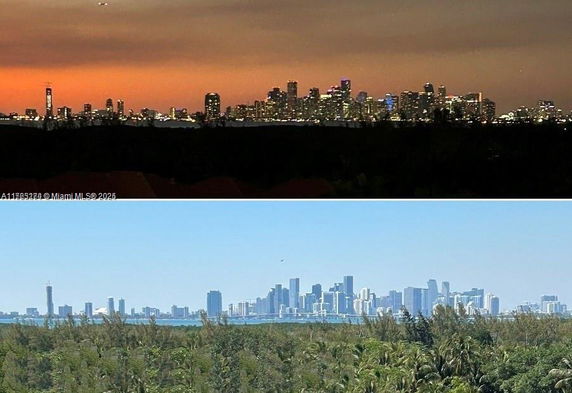 Panoramic cityscape view during sunset and daytime with skyline visible in the distance.