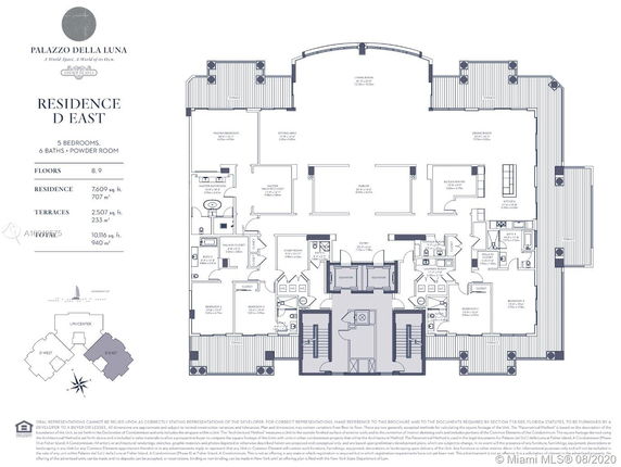Floor plan layout of a luxury residence with labeled rooms, including bedrooms, kitchen, dining room, living areas, and terraces.