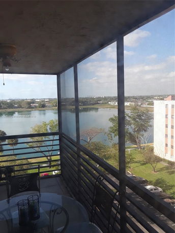 Wide-angle view from the balcony overlooking a lake and surrounding area.