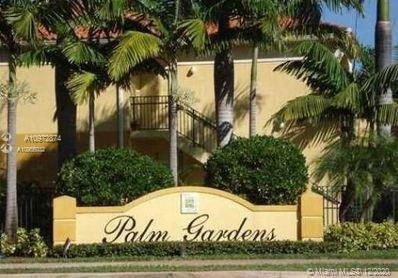 Front elevation of a building labeled Palm Gardens with exterior stairs and surrounding palm trees.