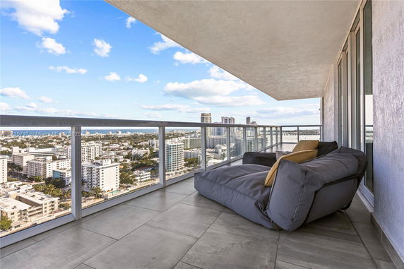 Balcony view overlooking a cityscape with modern buildings.