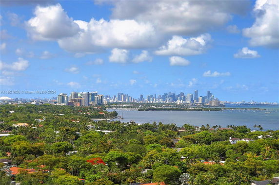 Panoramic view of city skyline with water and lush greenery in the foreground.