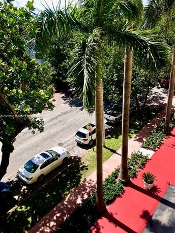 View from above showing a street with palm trees and parked cars.