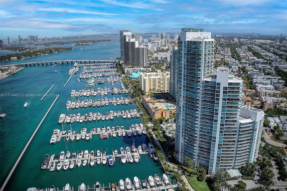 Panoramic view of high-rise buildings with a marina full of boats and city skyline in the distance.