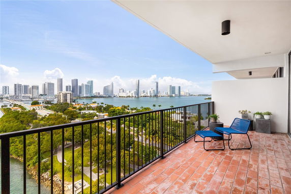 Balcony view showcasing distant skyline and waterfront.