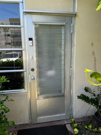 Front view of a door with a metal mesh design and adjacent windows.