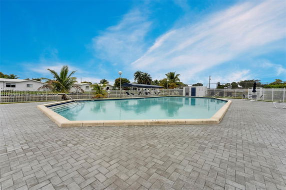 Outdoor swimming pool surrounded by a paved area with palm trees and fencing.