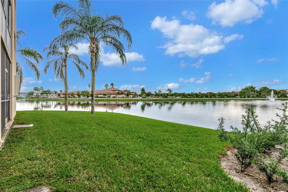 View of a lake with palm trees and surrounding buildings.