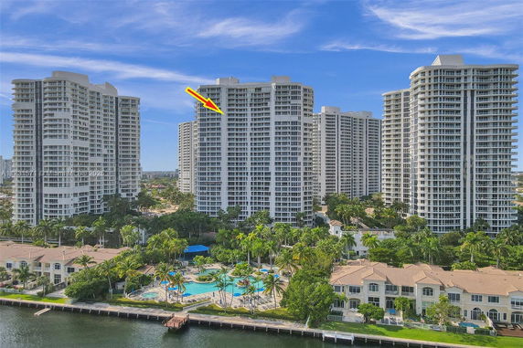 Front view of multiple high-rise residential buildings.