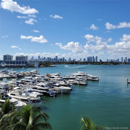 Panoramic view of a marina with yachts and a city skyline in the background.