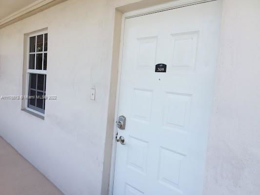 Front view of a residential building entry door with a window beside it.