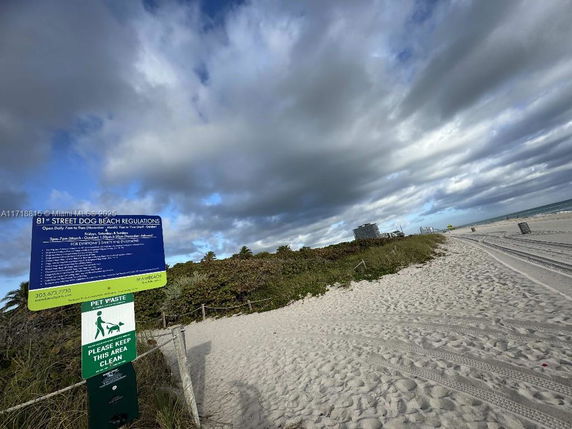 View of a sandy beach with signage for dog regulations and a path leading along the shoreline.