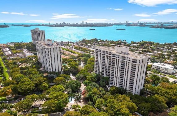 Panoramic view of tall residential buildings with a water body in the background.