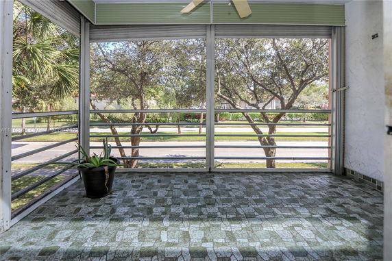 View from a screened porch overlooking a street with trees.