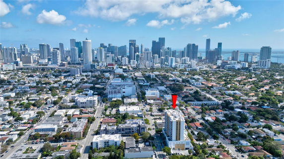Aerial view of a city with skyscrapers and residential areas in the foreground.