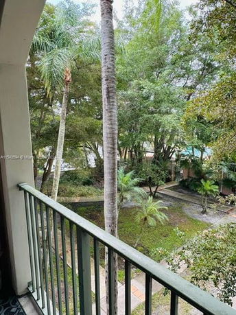 View from a balcony overlooking a courtyard with tall palm trees and greenery.