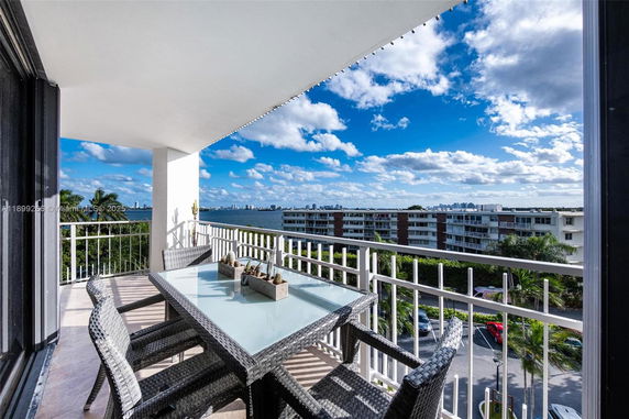 Outdoor balcony with a glass table and chairs, overlooking cityscape and water.