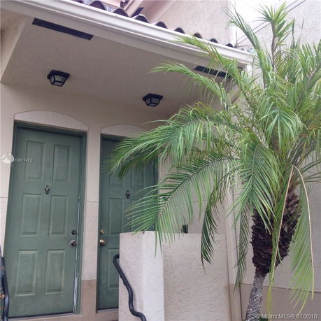 Front view of a house entrance with two green doors and a palm tree.