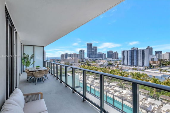 Panoramic view from a balcony overlooking city buildings and a swimming pool.