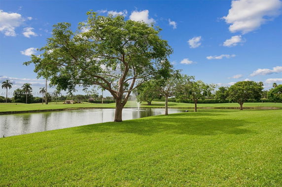 View of a scenic area with green grass, trees, and a pond with a fountain.