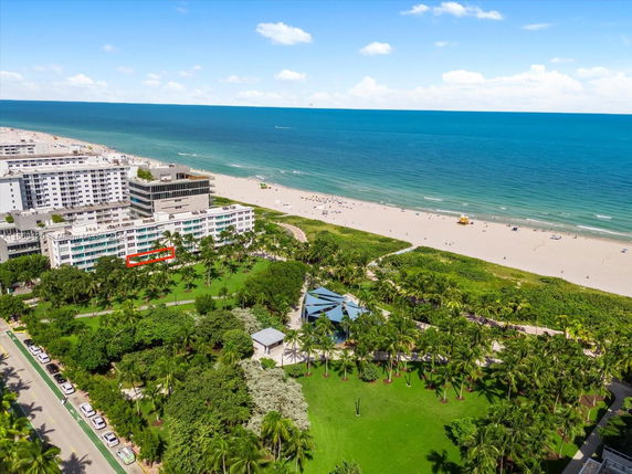 Aerial view of a beachfront area with several buildings and a park with palm trees.
