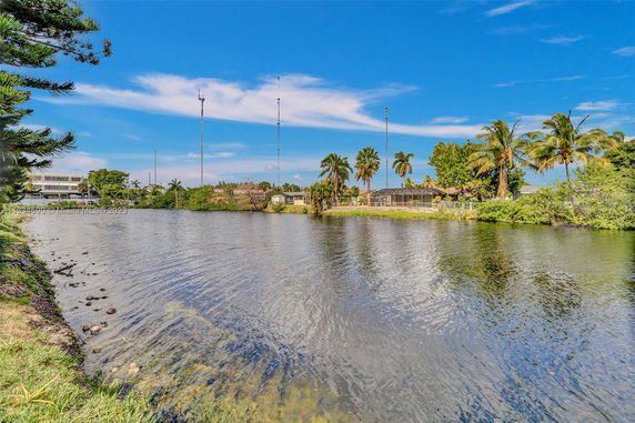 View of a water body with buildings and palm trees in the background.