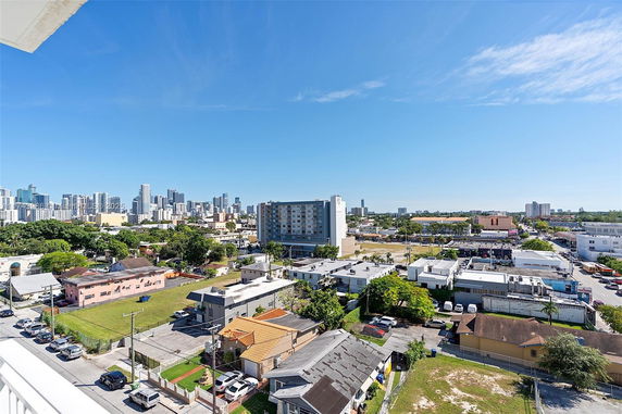 Panoramic view of a cityscape with various buildings and a clear blue sky.