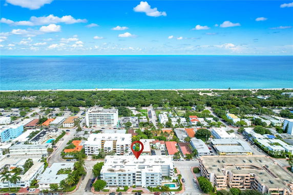 Aerial view of a coastal town with residential buildings near the ocean.