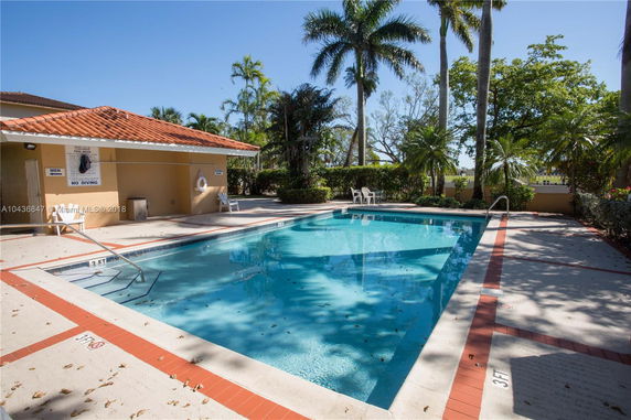 Outdoor swimming pool with surrounding palm trees and a poolside structure.