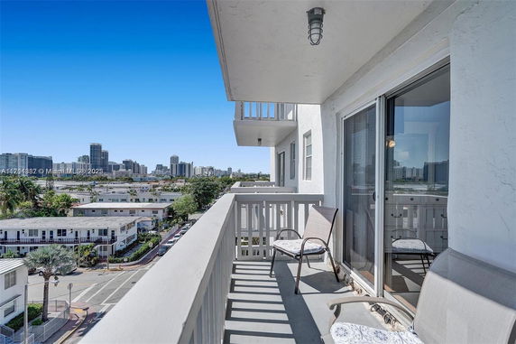 Balcony view from an apartment with cityscape in the background.