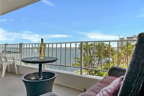 Wide angle view from a balcony overlooking water and trees.