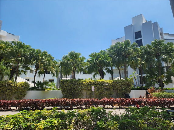 Front view of a modern multi-story building with palm trees in front.