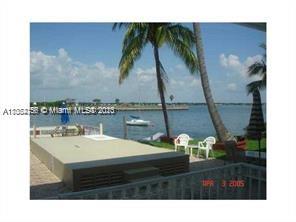 View from a waterfront area with palm trees and chairs overlooking the water.