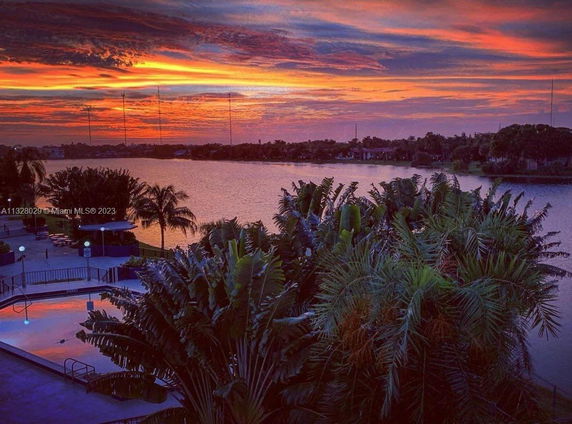 Scenic view of a sunset over a lake with palm trees and vibrant sky colors.