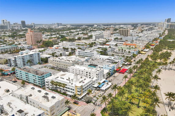Aerial view of urban buildings with palm-lined streets.