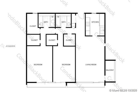 Floor plan of an apartment with two bedrooms, two bathrooms, a kitchen, a living room, and a balcony.