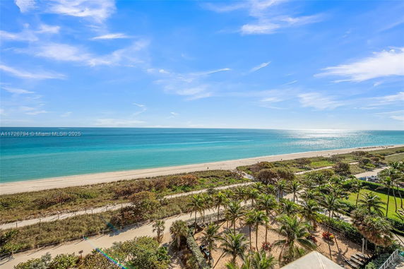 Panoramic view of a beach and ocean from above, showing sandy shore, lush palm trees, and clear blue skies.
