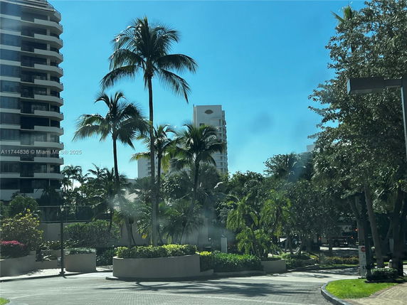 View of buildings surrounded by palm trees and greenery.
