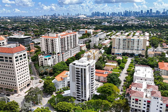 Panoramic view of high-rise buildings in an urban area with a city skyline in the background.
