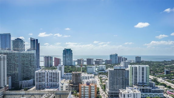 Panoramic view of city buildings with water in the distance.