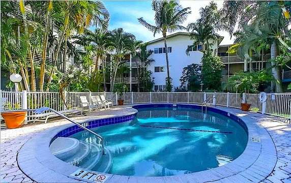 Outdoor swimming pool surrounded by palm trees and a white fence.
