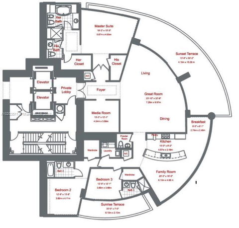 Detailed floor plan of a residential property featuring multiple rooms including a master suite, bedrooms, a great room, and a kitchen.