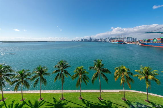 View of the ocean with palm trees in the foreground and city skyline in the background.