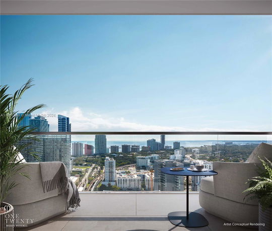 Wide-angle view of a cityscape from a high-rise balcony.