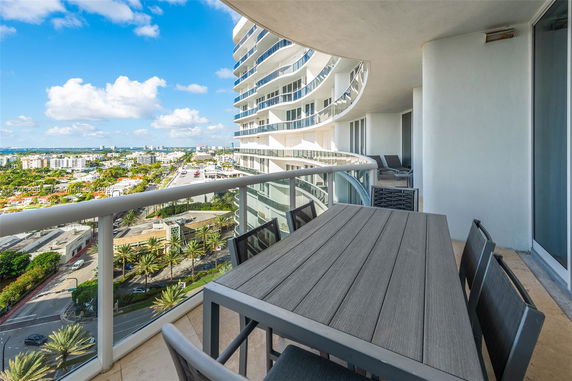 Balcony view of a cityscape from a tall building with modern architecture.