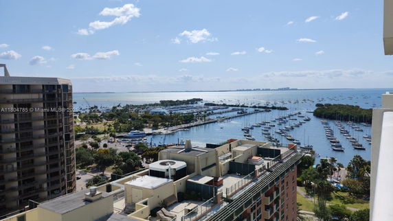 Panoramic view of marina and surrounding area from a high building.
