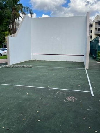 Outdoor racquetball or squash court with a high wall and green flooring.